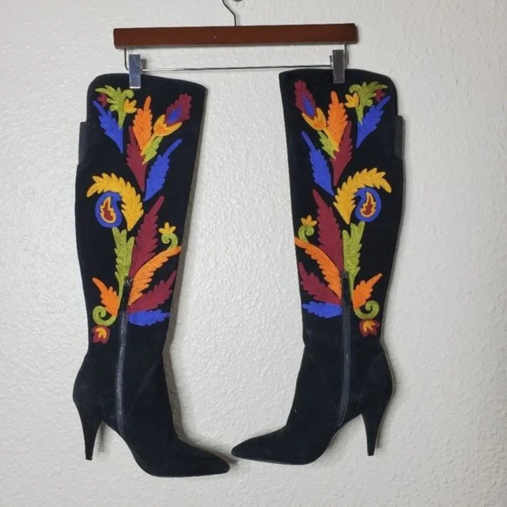 Alice + Olivia Corin Embroidered Suede Tall Heeled Boots Black Womens Size 5 - Picture 6 of 11